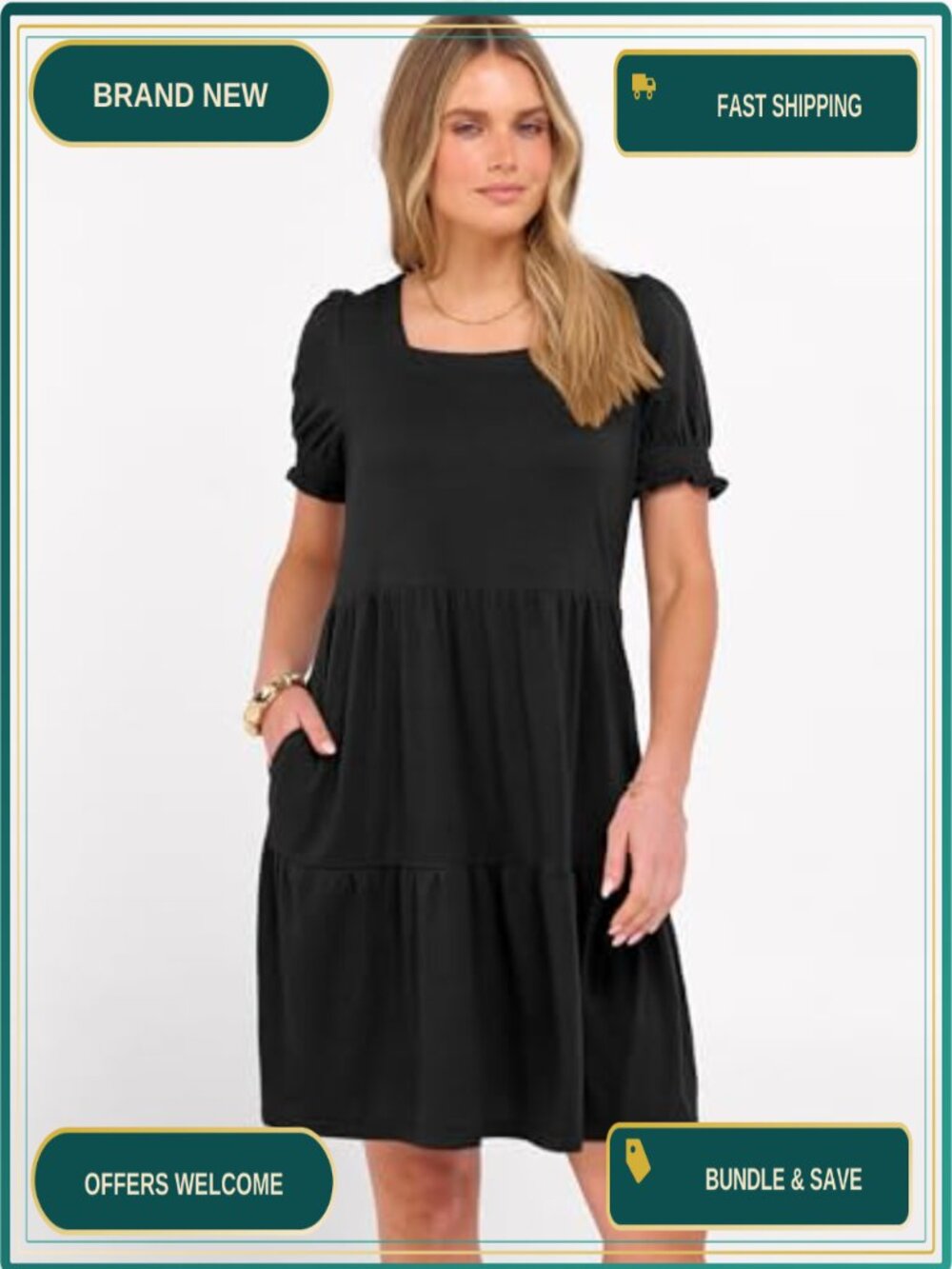 Women's Puff Sleeve Mini Dress with Pockets Casual Summer Flowy A-Line - Picture 4 of 6